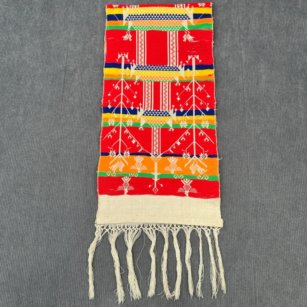 Vintage Handwoven Folk Art Textile Table Runner Rainbow Geometric Fringe‎ 42x10